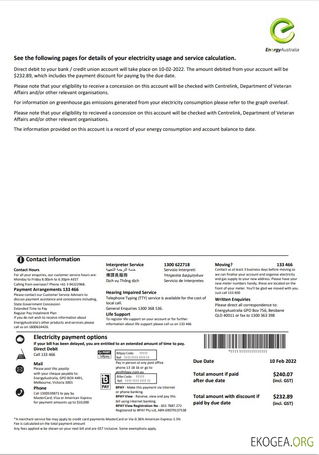 Australia Energy australia electricity utility bill template in word and pdf format, 3 pages 3 template